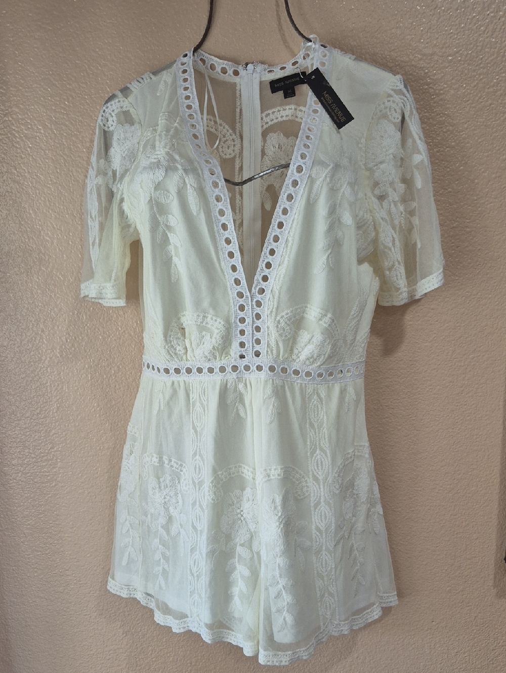 Astr Ivory Lace Deep V-Neck Mini Romper